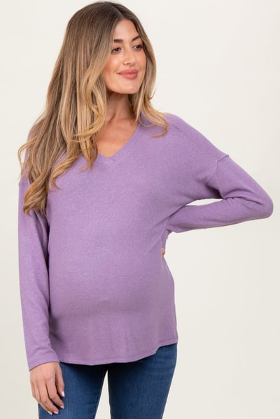 PinkBlush Lavender Basic V-Neck Long Sleeve Brushed Knit Maternity Top