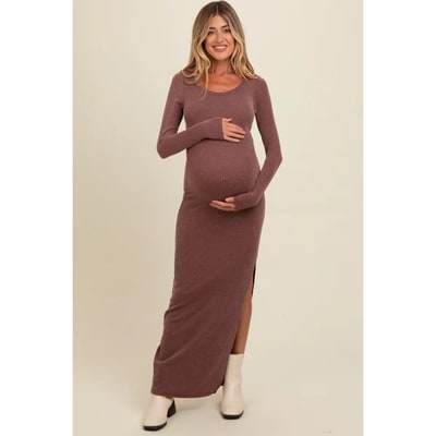 Target Pinkblush Burgundy Ribbed Long Sleeve Side Slit Maternity Maxi Dress Medium
