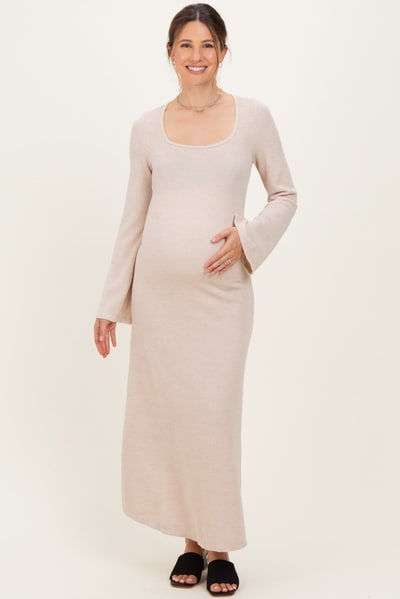 PinkBlush Cream Solid Ribbed Long Sleeve Square Neck Maternity Maxi Dress