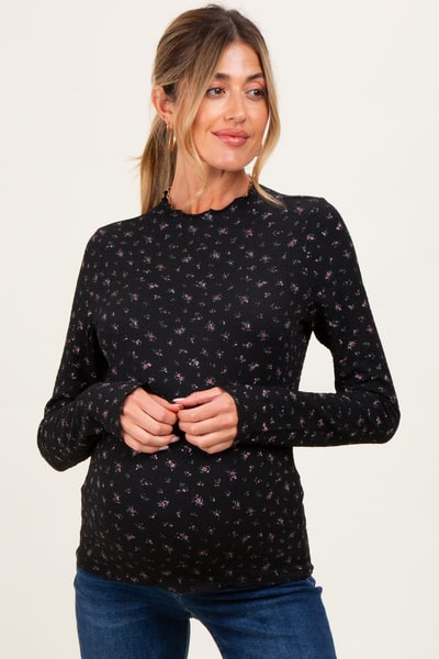 PinkBlush Black Floral Crinkled Texture High Neck Maternity Long Sleeve