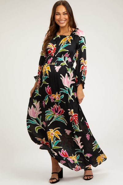 PinkBlush Black Floral Ruffle Neck Maternity Maxi Dress