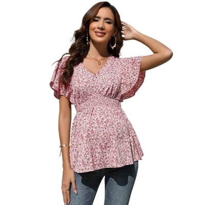 Target Coolmee Women's Maternity Tops V Neck Smocked Peplum Top Ruffle Short Sleeve Babydoll Blouse Pink L