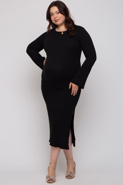PinkBlush Black Ribbed Side Slit Maternity Plus Maxi Dress