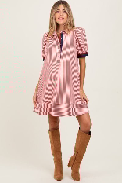 PinkBlush Rust Striped Puff Sleeve Maternity Mini Shirt Dress