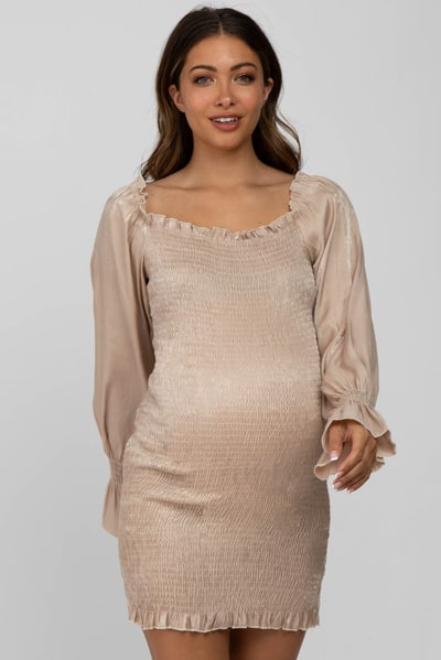 PinkBlush Beige Metallic Smocked Ruffle Accent Maternity Fitted Dress