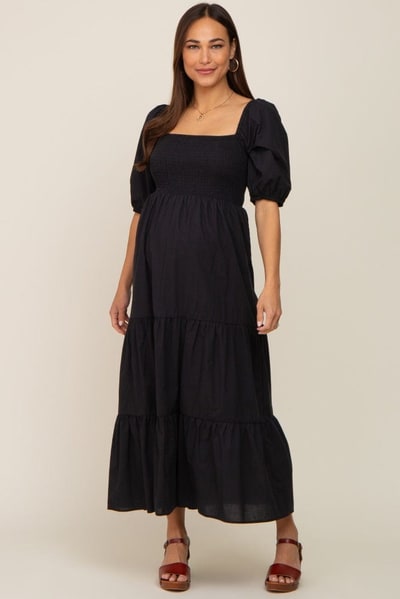 PinkBlush Black Square Neck Smocked Tiered Maternity Maxi Dress