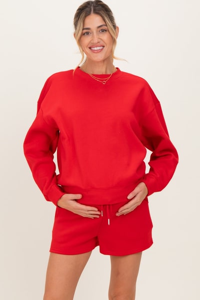 PinkBlush Red Fleece Sweatshirt Shorts Maternity Set