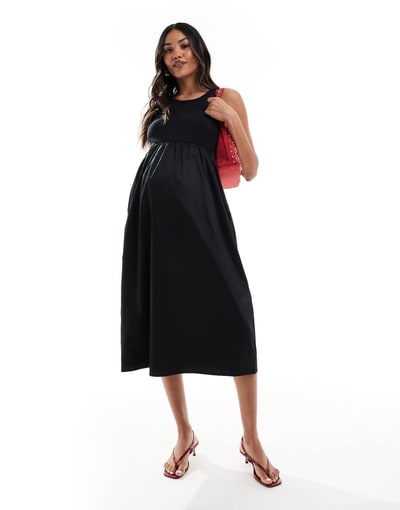 ASOS Mamalicious jersey top and poplin skirt detail midi dress in black