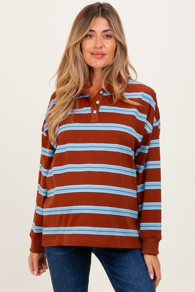 PinkBlush Brown Striped Oversized Long Sleeve Maternity Polo Top