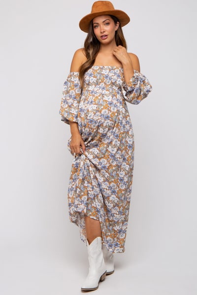 PinkBlush Taupe Floral Print Off Shoulder Smocked Maternity Maxi Dress