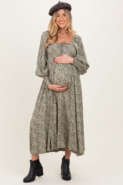 PinkBlush Light Olive Smocked Ruffled Floral Maternity Maxi Dress