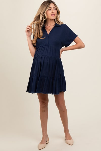 PinkBlush Navy Tiered Linen Maternity Dress