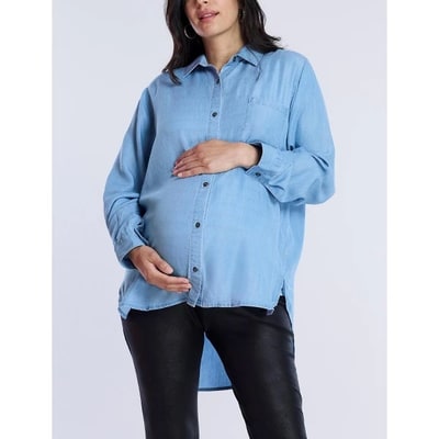 Target Women's Long Sleeve Button-Up Poplin Shirt - Medium Chambray - Size: Medium - Motherhood Maternity