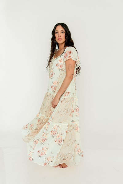 Worth Collective Isabella Floral Lace Trim Maxi Dress in Beige Multi - Bump Friendly