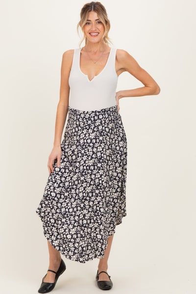PinkBlush Black Floral Tulip Hem Maternity Midi Skirt