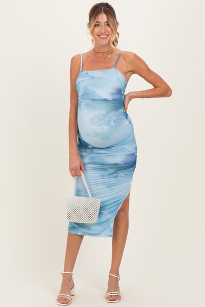 PinkBlush Blue Printed Ruched Fitted Maternity Midi Dress
