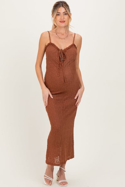 PinkBlush Brown Lace Cutout Tie Front Maternity Maxi Dress