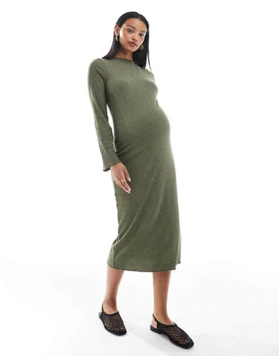 ASOS Mamalicious Maternity ribbed midi dress with lettuce edge detail in khaki