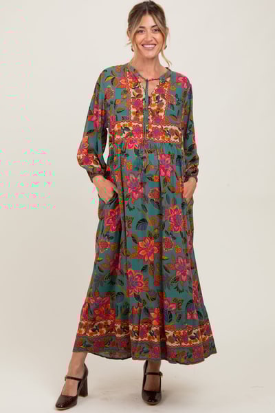 PinkBlush Forest Green Floral Tassel Tie Long Sleeve Maternity Maxi Dress