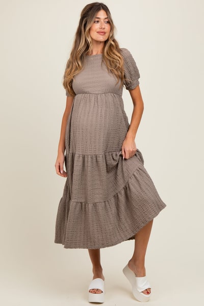 PinkBlush Taupe Solid Textured Tiered Shirt Sleeve Maternity Maxi Dress