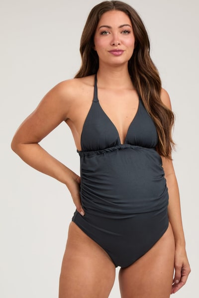 PinkBlush Black Ribbed Low Back Halter One-Piece Maternity Swimsuit
