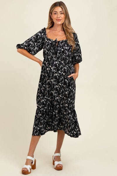 PinkBlush Black Floral Front Tie Puff Sleeve Maternity Midi Dress