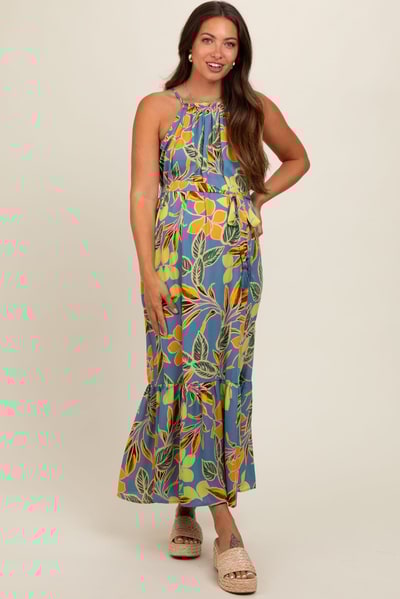 PinkBlush Blue Floral Open Back Maternity Midi Dress