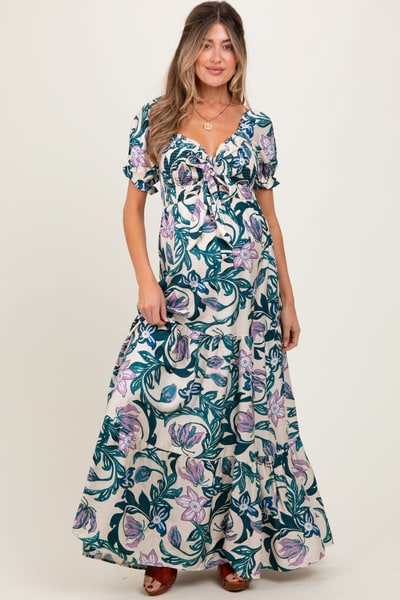 PinkBlush Teal Floral Smocked Front Tie Maternity Maxi Dress