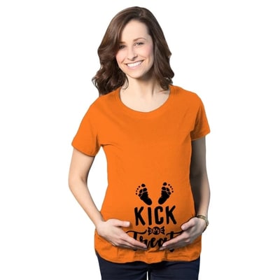 Target Maternity Kick Or Treat T Shirt Funny Halloween Pregnancy Announcement Tee - Crazy Dog Maternity T Shirt For Halloween Season Orange M