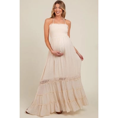 Target Pinkblush Cream Smocked Open Back Maternity Maxi Dress Medium