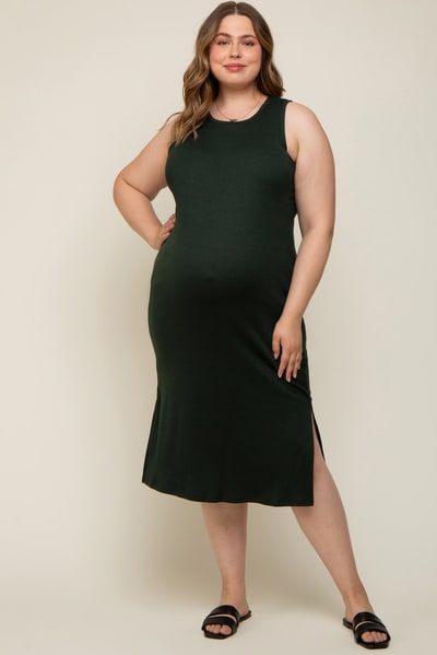 PinkBlush Forest Green Basic Ribbed Side Slit Maternity Plus Midi Dress