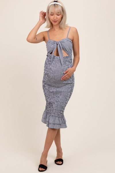 PinkBlush Black Gingham Smocked Cutout Maternity Midi Dress