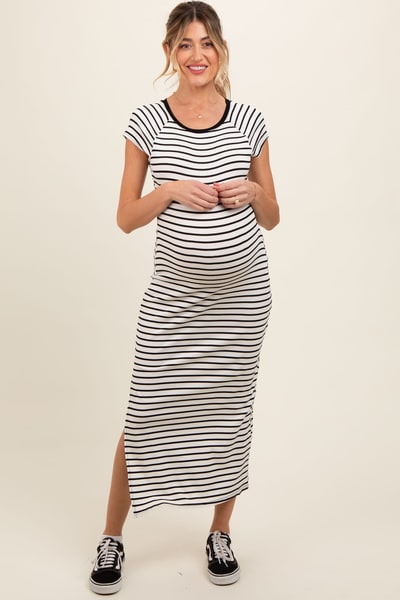 PinkBlush White Black Striped Side Slit Fitted Maternity Maxi Dress