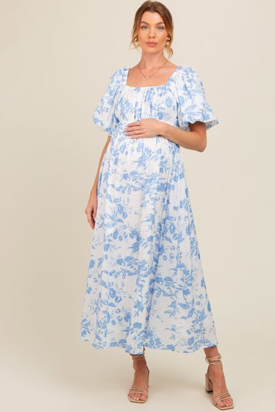 PinkBlush Blue Floral Puff Sleeve Maternity Midi Dress