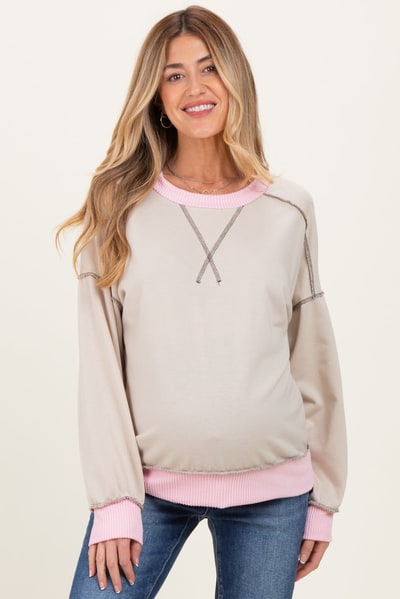 PinkBlush Cream Contrast Band Exposed Seam Maternity Pullover
