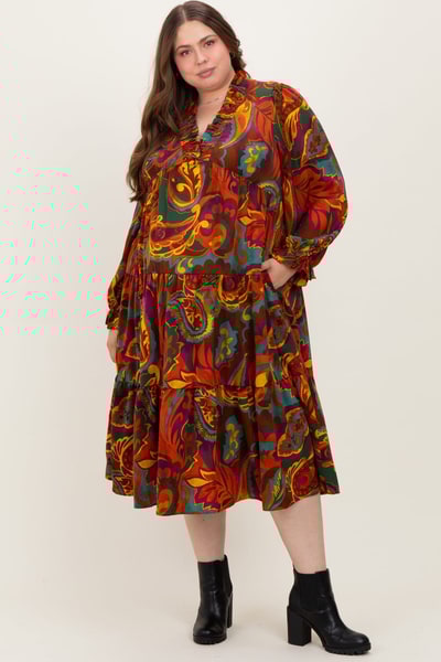 PinkBlush Brown Paisley V-Neck Long Sleeve Tiered Maternity Plus Maxi Dress
