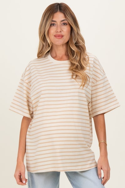 PinkBlush Taupe Striped Short Sleeve Crew Neck Oversized Cotton Maternity Top