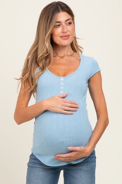 PinkBlush Sky Blue Jacquard Button Front Maternity Short Sleeve Top