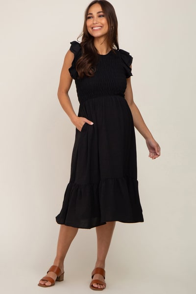 PinkBlush Black Smocked Layered Ruffle Flutter Sleeve Maternity Midi Dress