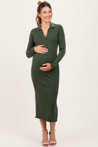 PinkBlush Olive Ribbed Knit Maternity Polo Sweater Dress