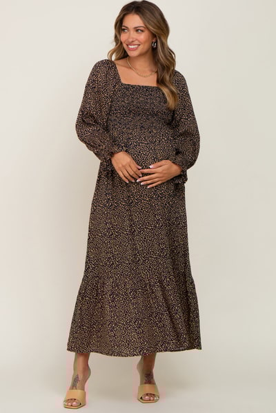 PinkBlush Black Leopard Print Square Neck Smocked Maternity Midi Dress