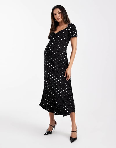 ASOS scalloped collar puff sleeve seam detailing midi day dress in black and white polka dots