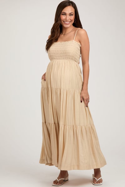 PinkBlush Beige Smocked Square Neck Back Cutout Tiered Maternity Midi Dress