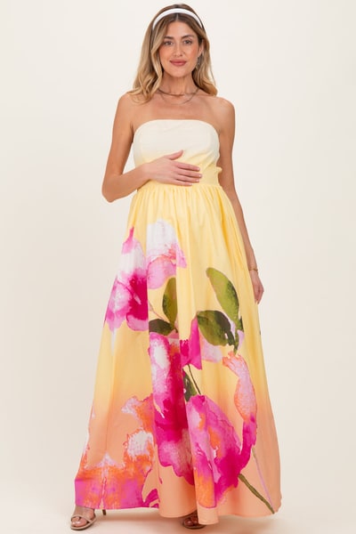 PinkBlush Light Yellow Floral Strapless Maternity Maxi Dress