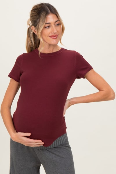 PinkBlush Burgundy Ribbed Short Sleeve Curved Hem Maternity Top