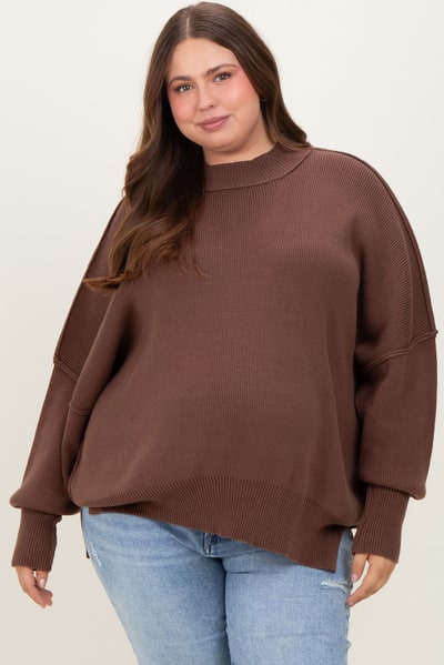 PinkBlush Brown Mock Neck Exposed Seam Maternity Sweater