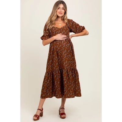 Target Pinkblush Mocha Floral Sweetheart Puff Sleeve Maternity Midi Dress Medium