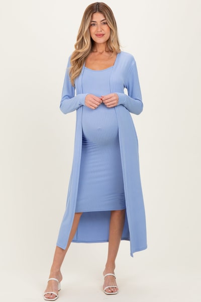 PinkBlush Blue Ribbed Cardigan 2 Piece Maternity Set