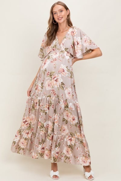 PinkBlush Taupe Floral Print Elbow Sleeve V-Neck Tiered Maternity Maxi Dress