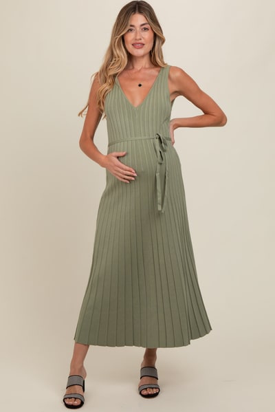 PinkBlush Light Olive Pleated V-Neck Waist Tie Sweater Maternity Maxi Dress